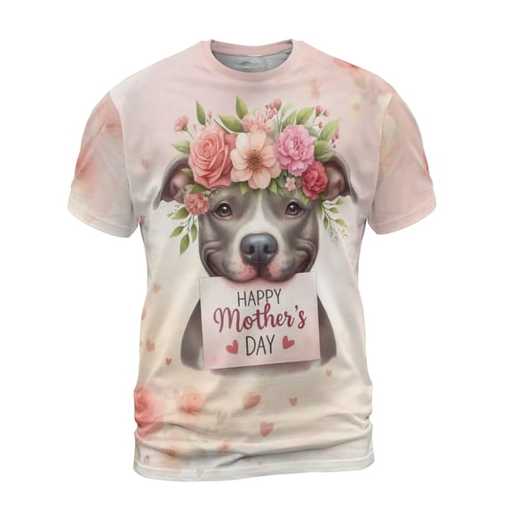 Happy Mother's Day Pitbull with Flower Crown and Greeting Card All Over Print 3D Shirt Unisex Merch Terrier Dog Lover - 13004