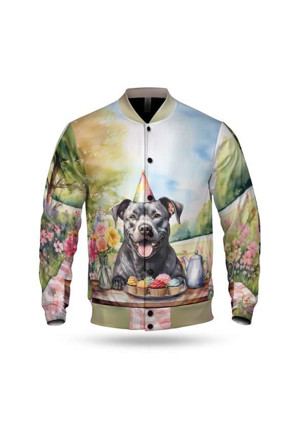 Happy Mother's Day Pitbull with Sweets and Flowers at a Picnic All Over Print 3D Baseball Jacket Terrier Dog Lover Bomber Jacket Softball - 13005