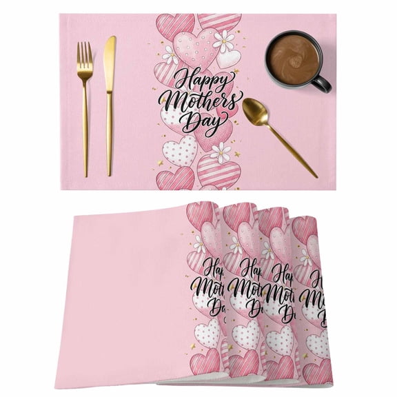 Happy Mother's Day Placemats Set of 2, Romantic Love Heart Polka Dot Stripes Pink Non-Slip Place Mats Washable Table Mats for Kitchen Dining Table Decorations Indoor/Outdoor