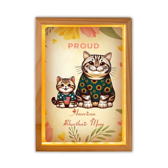 Happy Mother's Day Proud American Shorthair Mom Acrylic Plaque with Wood Photo Frame Box Cat Lover Kitten Owner Gifts Light Box - 03003
