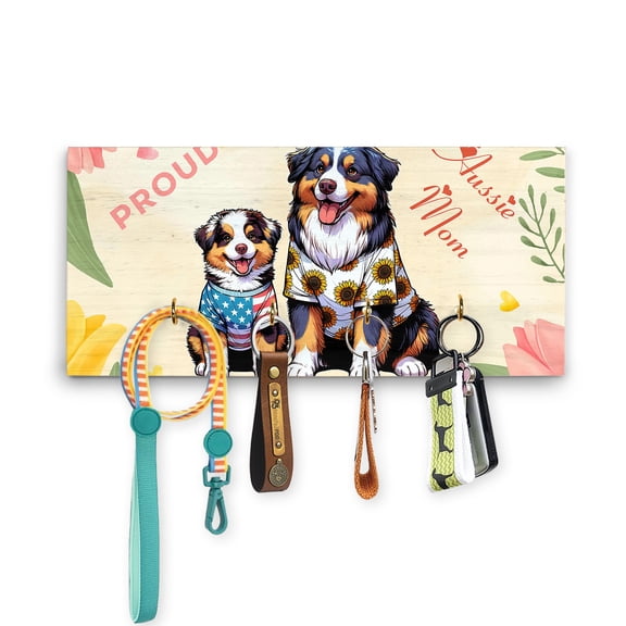 Happy Mother's Day Proud Aussie Mom Australian Shepherd Wood Key Holder Aussie Dog Lover Gifts Wall-mounted Key Rack Home Decor - 03003