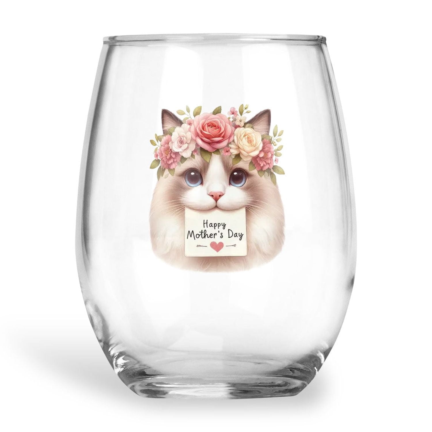 Happy Mother's Day Ragdoll with Flower Crown and Greeting Card 15oz Stemless Wine Glass Mug Cat Lover Kitten Owner Gifts Idea Wine Glasses Cup - 13004