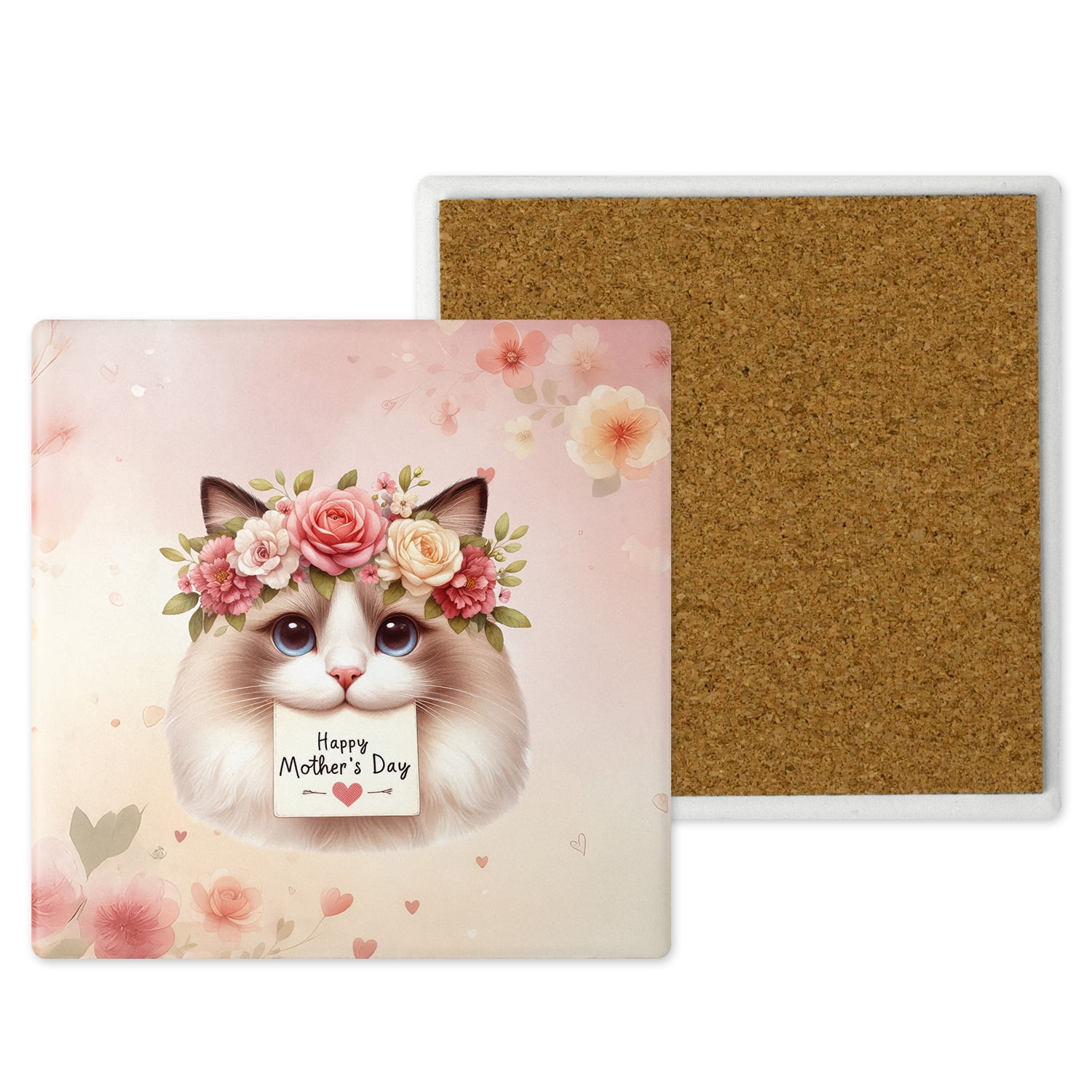 Happy Mother's Day Ragdoll with Flower Crown and Greeting Card Set of 4 Stone Coasters Cat Lover Kitten Owner Gifts Idea 4x4in Absorbent Soapstone Coaster - 13004