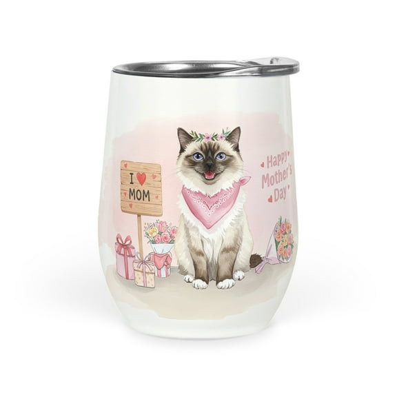Happy Mother's Day Ragdoll Love Cat Mom Heart Flower 12oz Stainless Steel Wine Tumbler Insulated Cup with Lid Cat Lover Kitten Owner Gifts Idea - 12004