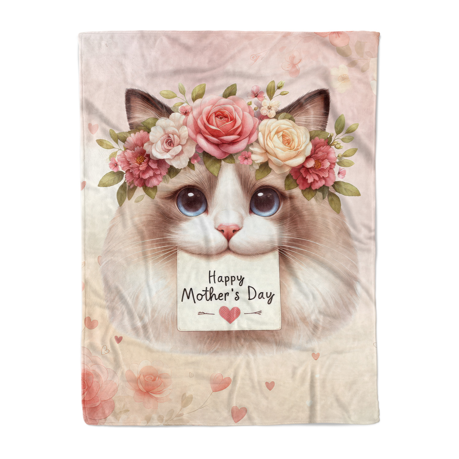 Happy Mother's Day Ragdoll with Flower Crown and Greeting Card Cozy Fleece Blanket Cat Lover Kitten Owner Gifts Idea Warm Soft Throw Blanket - 13004