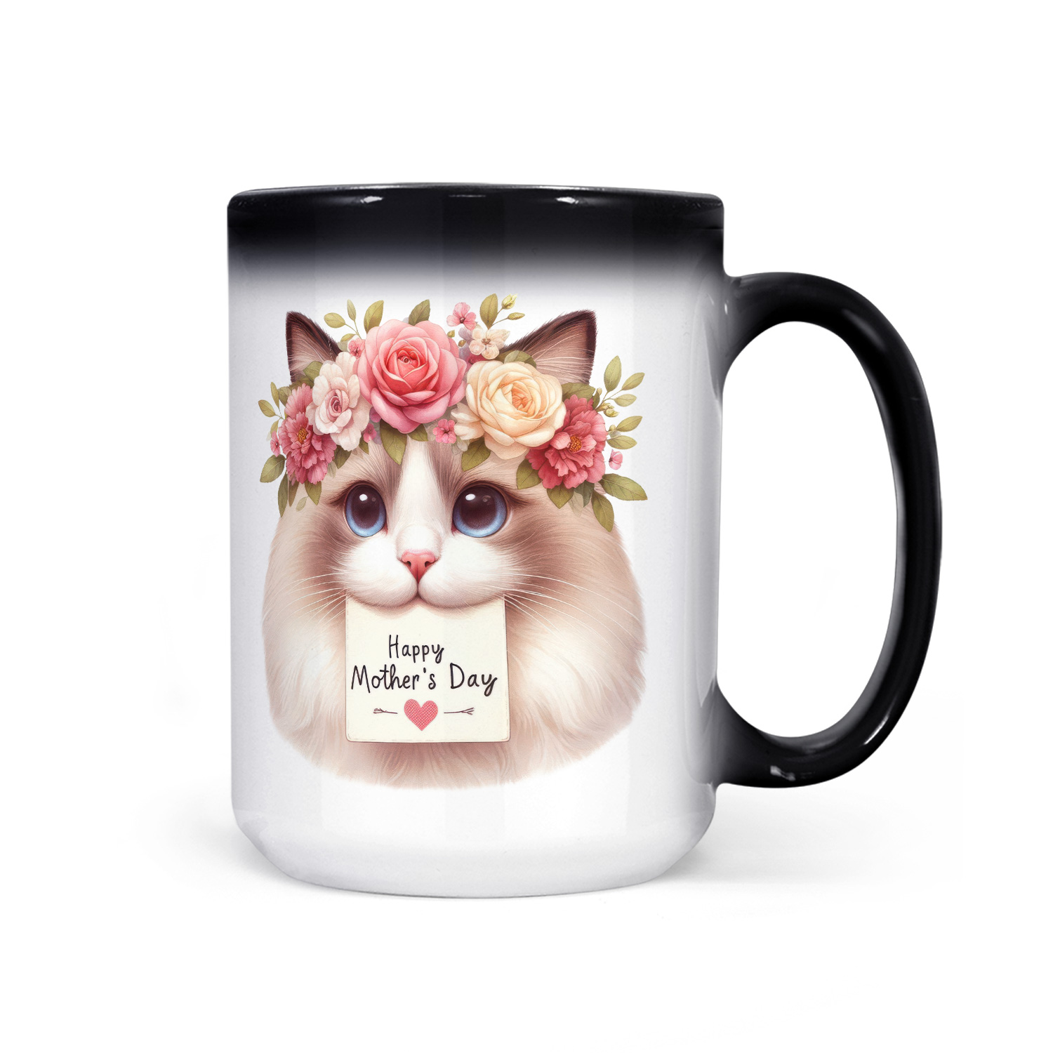 Happy Mother's Day Ragdoll with Flower Crown and Greeting Card Heat Color Changing Mug Cat Lover Kitten Owner Gifts Idea Magic Coffee Mug - 13004