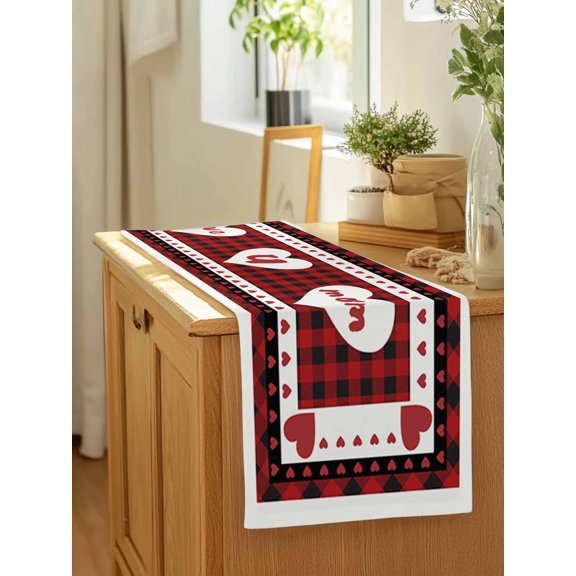 Happy Mother's Day Romantic Red Hearts Table Runner 13x90in Non-Slip Cotton Linen Table Runners, Buffalo Lattice Dresser Scarves TableRunner for Dinner Kitchen Dining Wedding Party