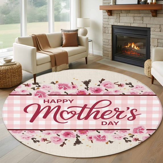 Happy Mother's Day Round Area Rug 8Ft Washable Large Circle Rugs for Living Room Dorm, Pink Floral Buffalo Plaid Burlap Non-Slip Carpet Floor Mats Indoor Outdoor Carpet Runner Aesthetic Home Decor