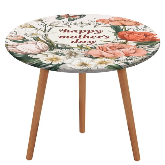 Happy Mother's Day Round Fitted Tablecloth with Flannel Backing Elastic Table Cloth Waterproof Oil-Proof Plastic Table Cover Table Up 40"-54" Diameter)