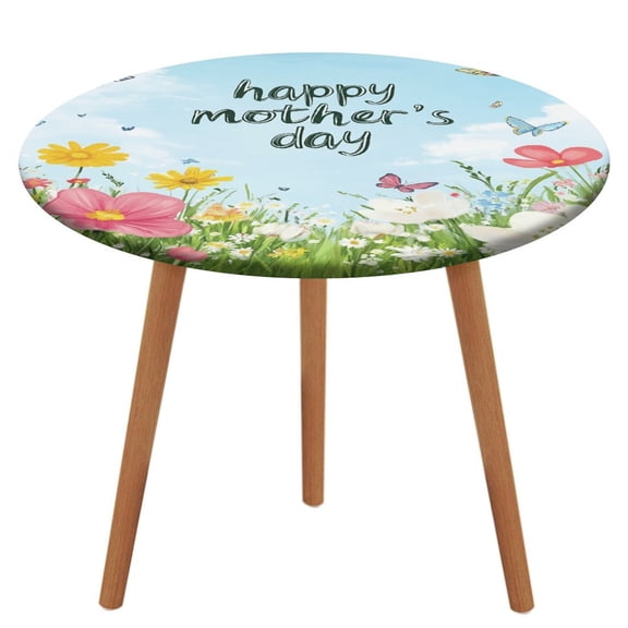 Happy Mother's Day Round Fitted Tablecloth with Flannel Backing Elastic Table Cloth Waterproof Oil-Proof Plastic Table Cover Table Up 40"-54" Diameter)