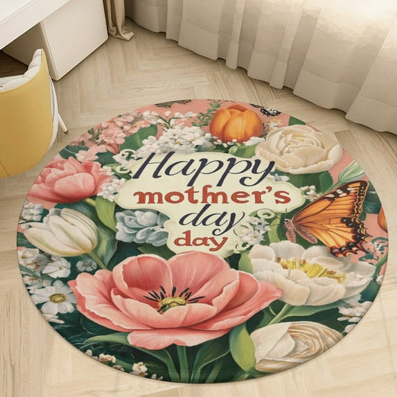 Happy Mother's Day Round Rugs -Washable Non-Slip Small Round Area Rug Throw Soft Circle Rugs for Bedroom, Modern Print Indoor Carpet for Entryway Sofa Living Room