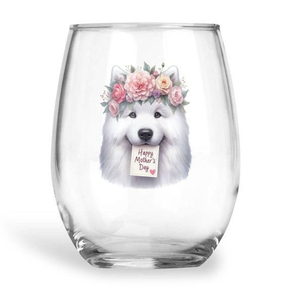 Happy Mother's Day Samoyed with Flower Crown and Greeting Card 15oz Stemless Wine Glass Mug Siberian Sammy Dog Lover Wine Glasses Cup - 13004