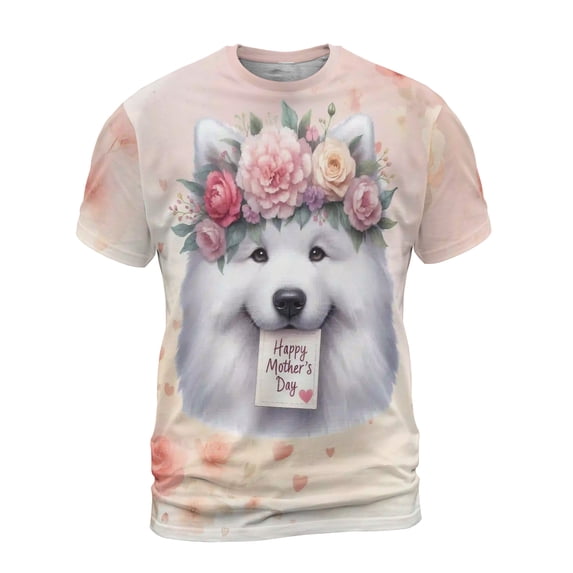 Happy Mother's Day Samoyed with Flower Crown and Greeting Card All Over Print 3D Shirt Unisex Merch Siberian Sammy Dog Lover - 13004
