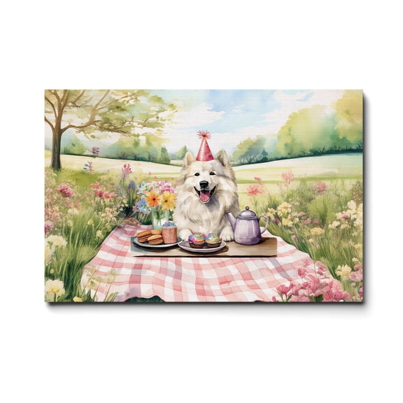 Happy Mother's Day Samoyed with Sweets and Flowers at a Picnic Horizontal Matte Canvas Poster Siberian Sammy Dog Lover Wall Art Home Decor - 13005