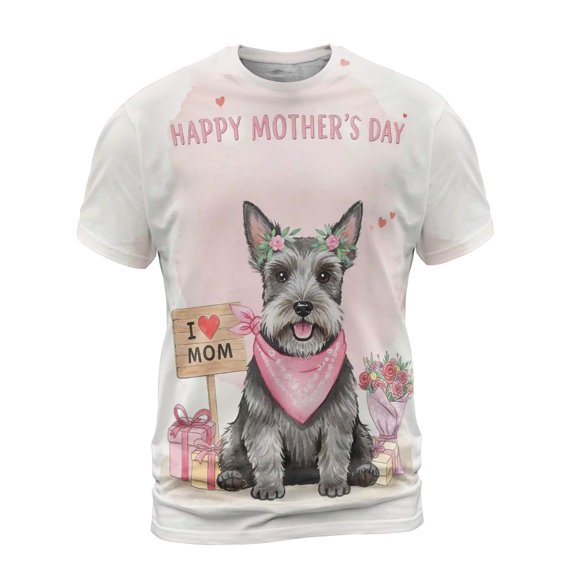 Happy Mother's Day Scottish Terrier Love Dog Mom Heart Flower All Over Print 3D Shirt Unisex Merch Scottie Dog Lover Gifts - 12004