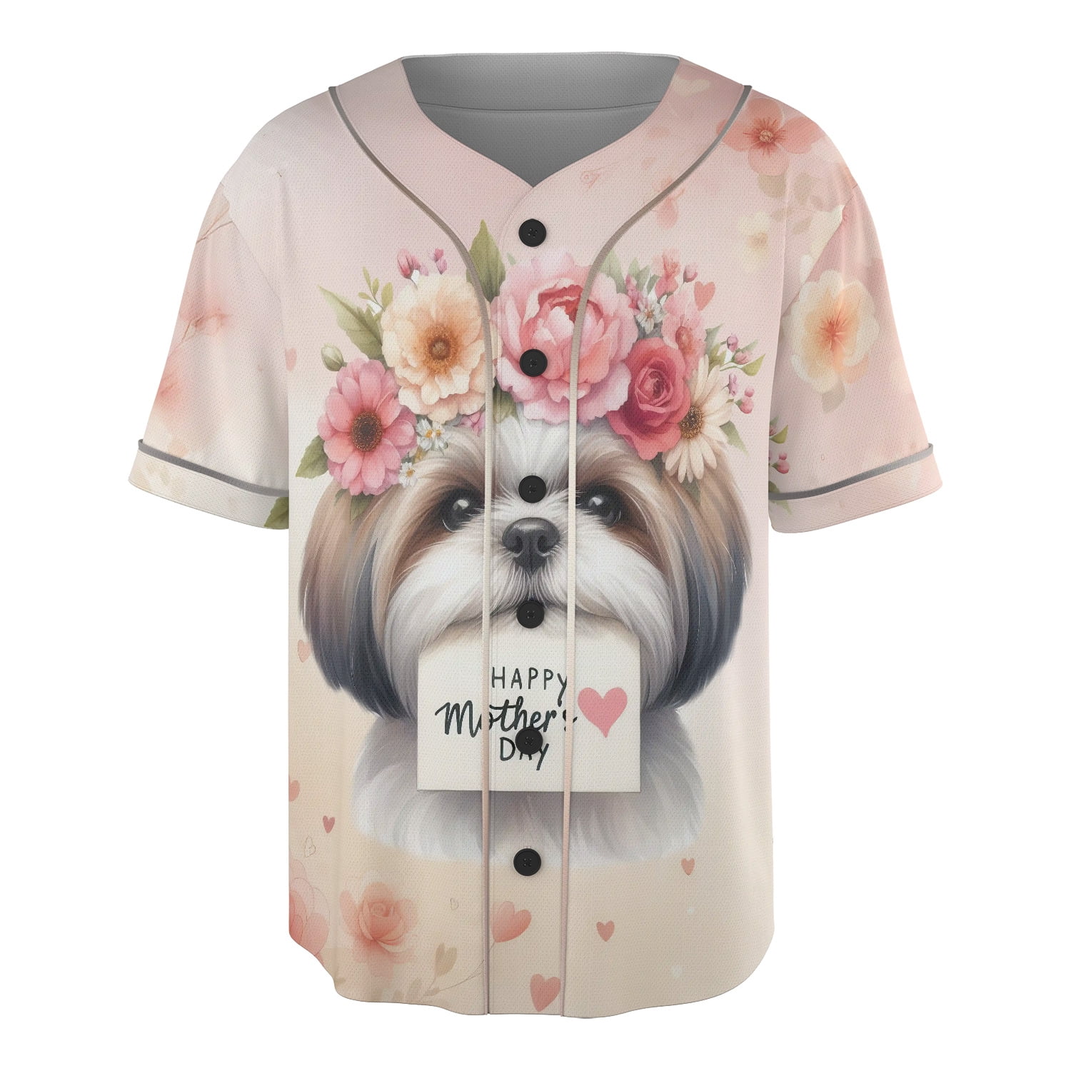 Happy Mother's Day Shih Tzu with Flower Crown and Greeting Card All Over Print 3D Baseball Shirt Lion Dog Lover Gifts Softball Sport - 13004