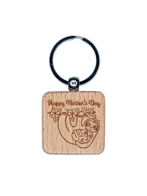 Happy Mother's Day Sloth and Baby Square Keychain Charm Tag - Engraved Wood
