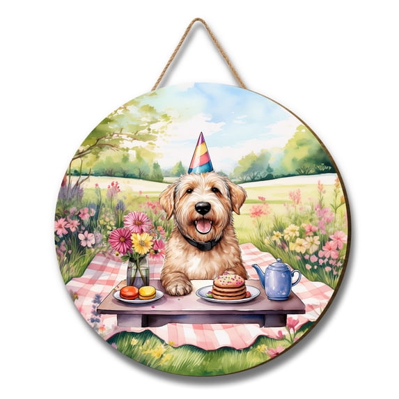 Happy Mother's Day Soft Coated Wheaten Terrier with Sweets and Flowers at a Picnic Round Wood Sign Wheatie Dog Lover Hanging Wall Home Decor - 13005