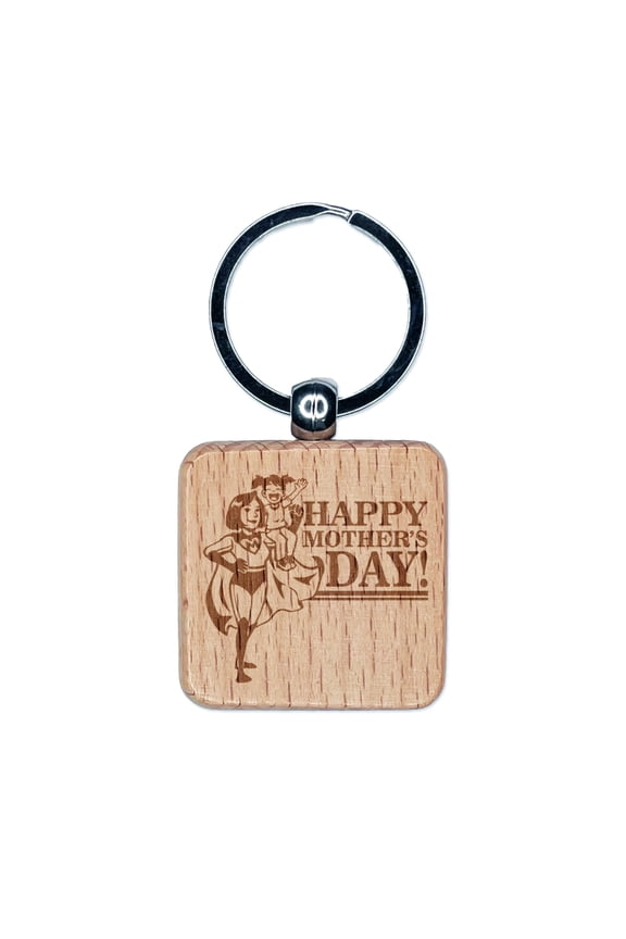 Happy Mother's Day Superhero Mom with Cape Square Keychain Charm Tag - Engraved Wood