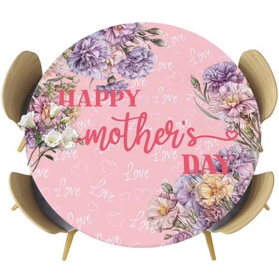 Happy Mother's Day Table Cloth, Round Fitted Tablecloths with Elastic Edge, Pink Love Heart Purple Spring Floral Wipeable Waterproof Table Cover for Kitchen Wedding 45-54 Inches