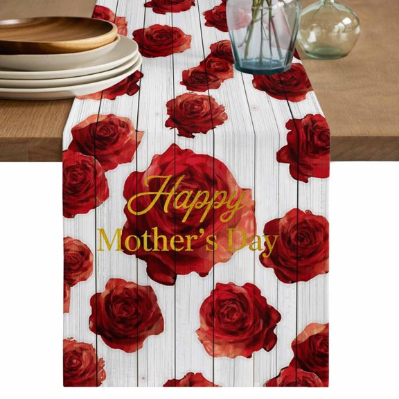 Happy Mother's Day Table Runner, Grey Wooden Farmhouse Red Roses Washable Cotton Linen Table Runners 48 Inches Long, Dresser Scarf Runner for Nightstand/Coffee/End Tables 13''x48''