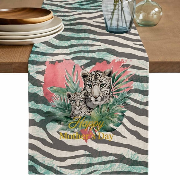 Happy Mother's Day Table Runner, Leopards Teal Abstract Art Washable Cotton Linen Table Runners 48 Inches Long, Dresser Scarf Runner for Nightstand/Coffee/End Tables 13''x48''
