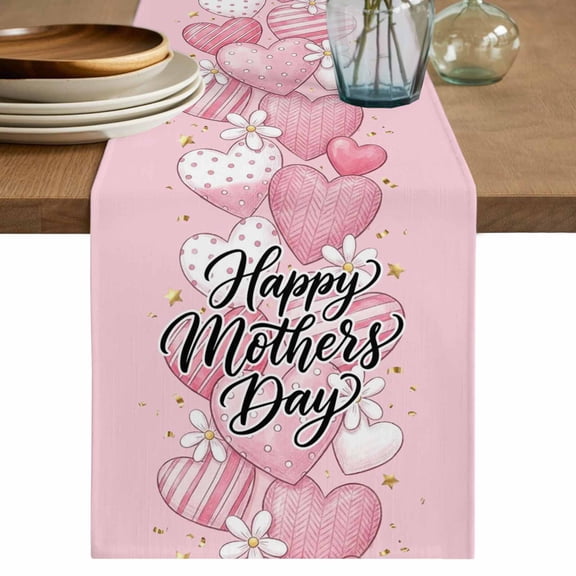 Happy Mother's Day Table Runner, Pink Romantic Love Heart Flowers Washable Cotton Linen Table Runners 48 Inches Long, Dresser Scarf Runner for Nightstand/Coffee/End Tables 13''x48''