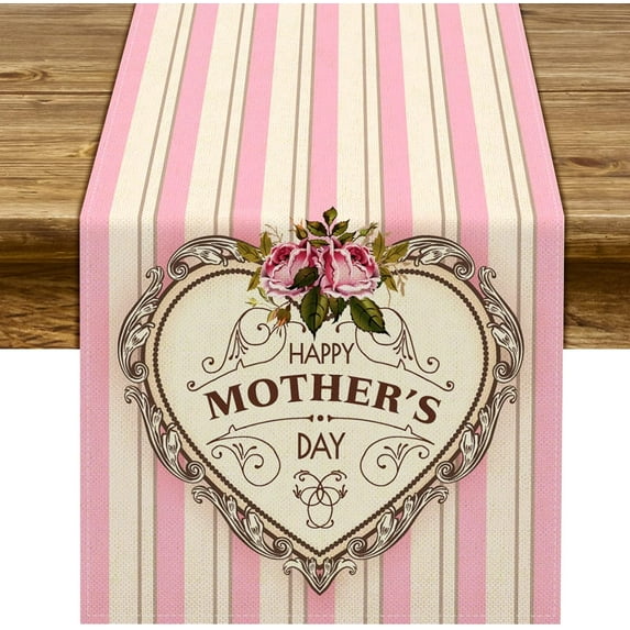 Happy Mother''s Day Table Runner Pink Stripes I Love You Mom Indoor Outdoor Party Table Cover Decoration Home Kitchen Dining Room 13.8 X 71inch