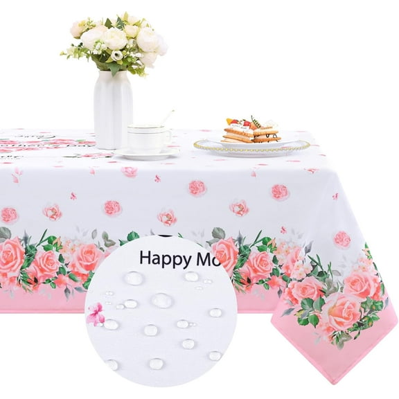 Happy Mother''s Day Tablecloth, Floral Pink Table Cloth, Spring Flower Table Cover for Outdoor, Waterproof Tablecloth for Gift Party Kitchen Dinning Table Decor, 60 x 84 Inch, Pink and White