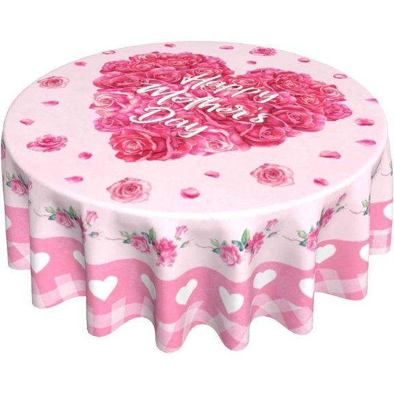 Happy Mother''s Day Tablecloth Round 60 Inch Rose Flowers Petal Hearts Circle Table Cover with Pink Buffalo Plaids Dustproof Table Cloth for Kitchen Dining Party Picnic Holiday Decor