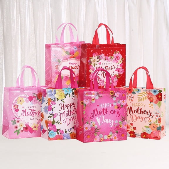 Happy Mother's Day Tote Gift Bags with Handles,12 Pcs Bulk Floral Non-Woven Love Mom Candy Bags for Gift Wrapping and Mother Day Party Favor-9x8.7x4.3 inches