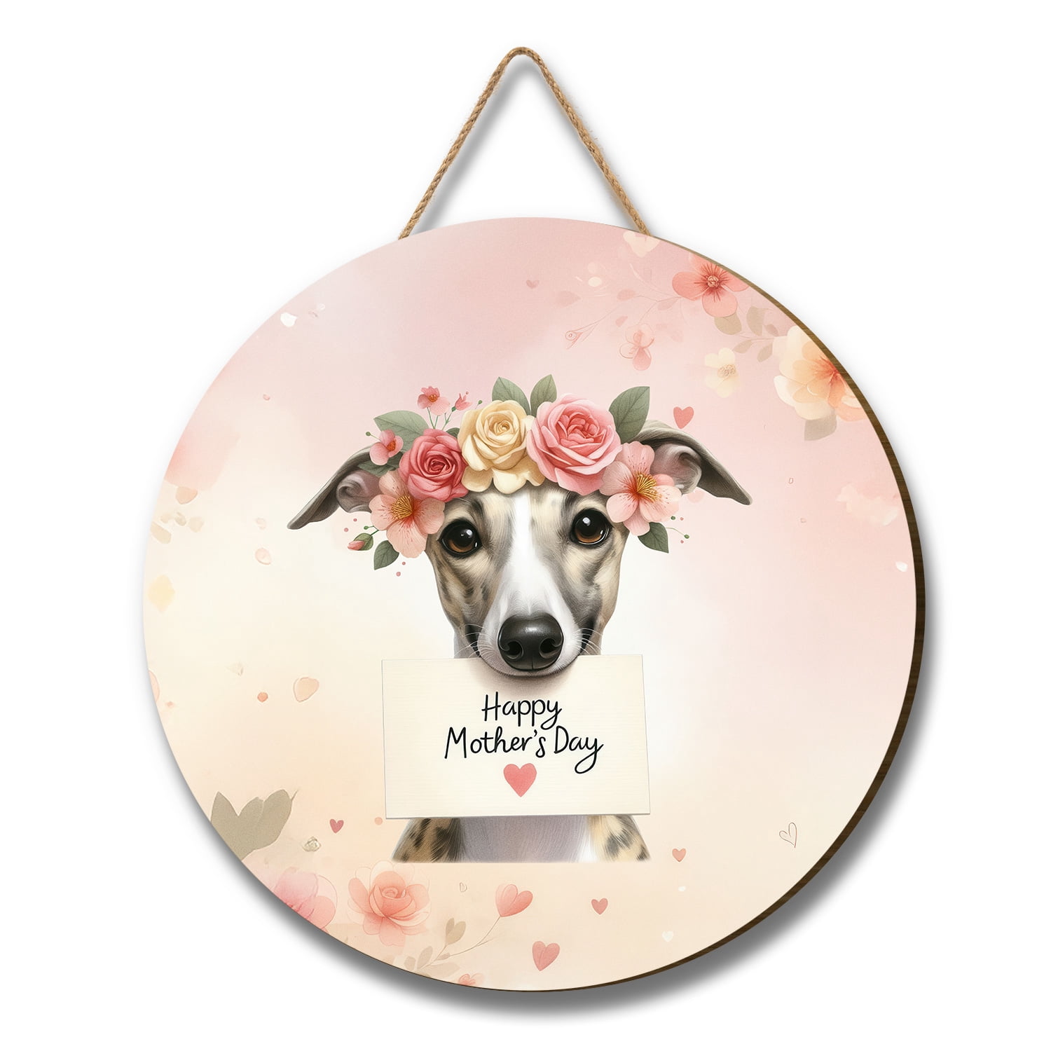 Happy Mother's Day Whippet with Flower Crown and Greeting Card Round Wood Sign Dog Lover Hanging Wall Home Decor - 13004