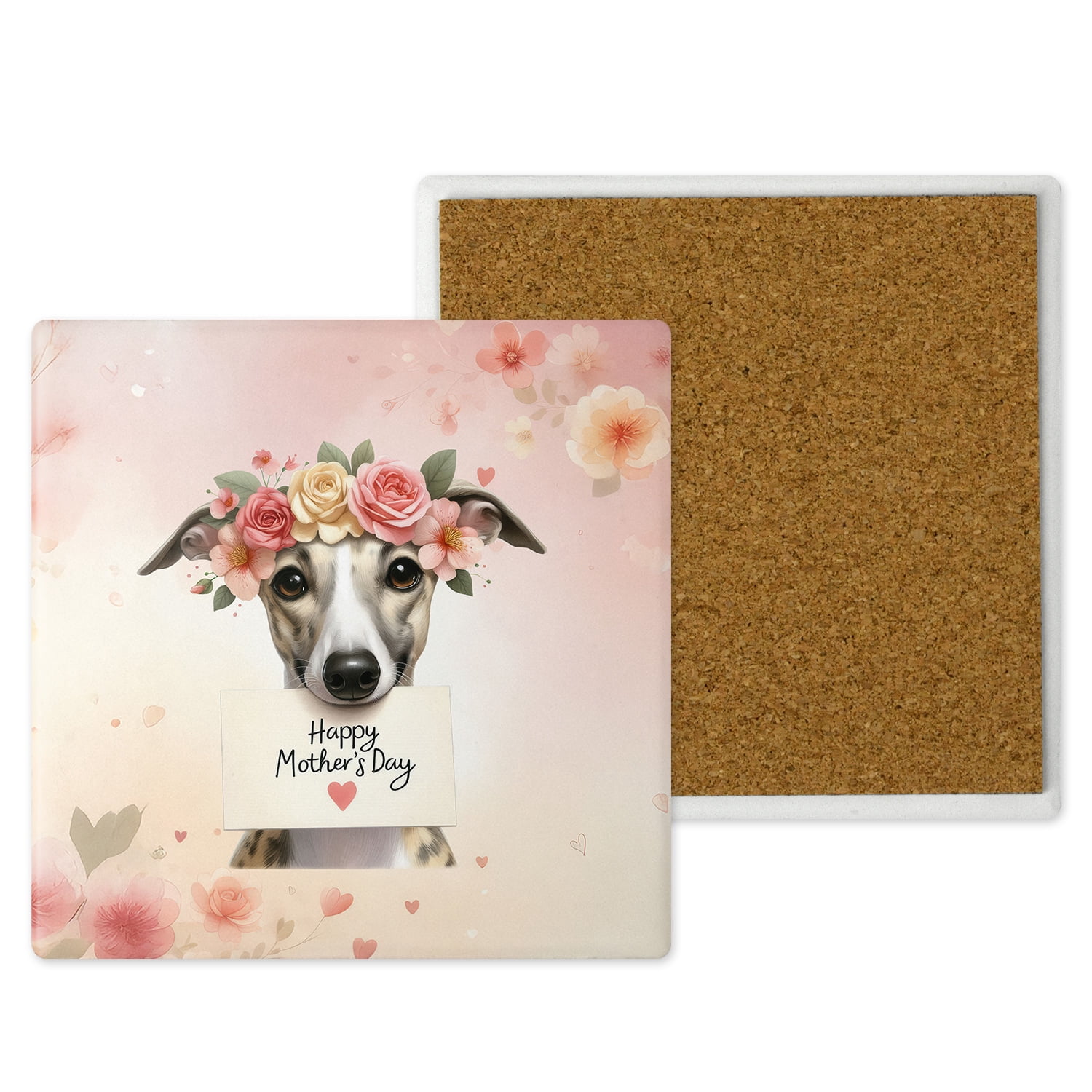 Happy Mother's Day Whippet with Flower Crown and Greeting Card Set of 4 Stone Coasters Dog Lover 4x4in Absorbent Soapstone Coaster - 13004