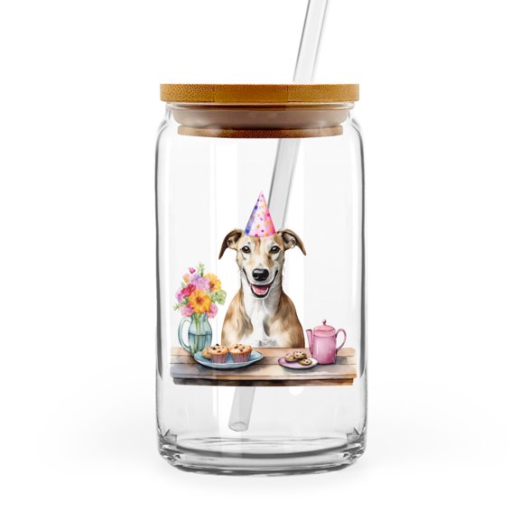 Happy Mother's Day Whippet with Sweets and Flowers at a Picnic 16oz Glass Cup Mug Dog Lover Glass Can with Bamboo Lid and Straw - 13005