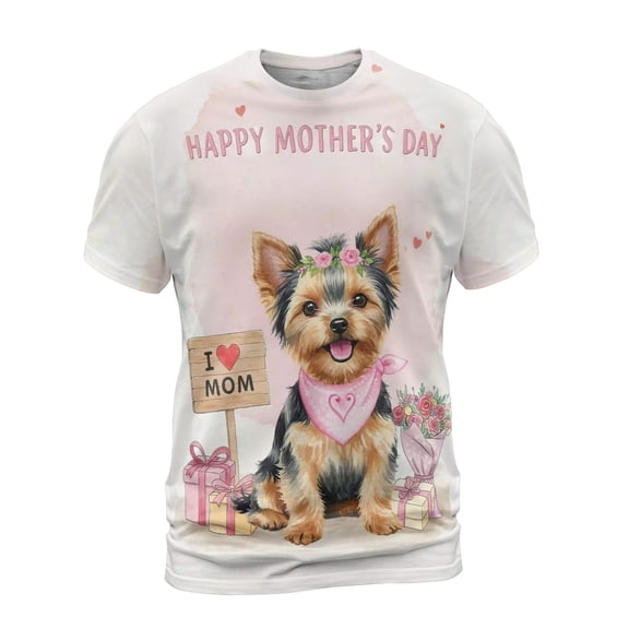 Happy Mother's Day Yorkshire Terrier Love Dog Mom Heart Flower All Over Print 3D Shirt Unisex Merch Yorkie Dog Lover Gifts - 12004