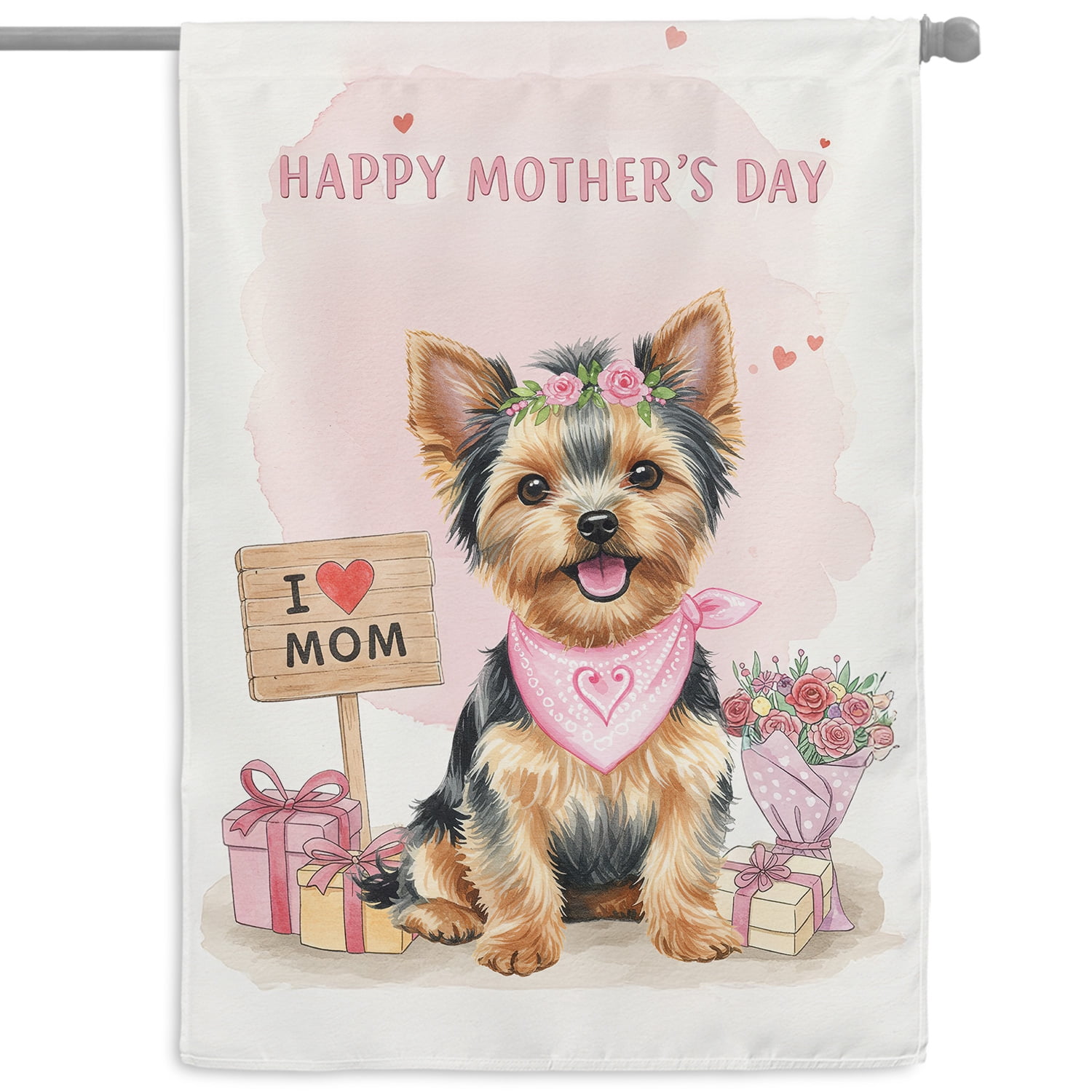 Happy Mother's Day Yorkshire Terrier Love Dog Mom Heart Flower House Flag 28x40in Double Sided Yorkie Dog Lover Gifts Outdoor Decor - 12004