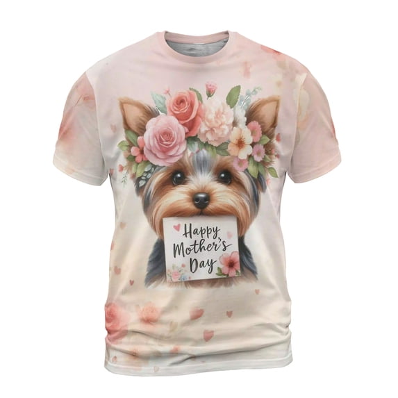 Happy Mother's Day Yorkshire Terrier with Flower Crown and Greeting Card All Over Print 3D Shirt Unisex Merch Yorkie Dog Lover Gifts - 13004