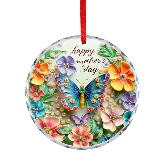 Happy Mother's Day with Flowers Butterfly Christmas Ornament Spring Flowers Christmas Ornaments Crystal Hanging for Xmas Tree