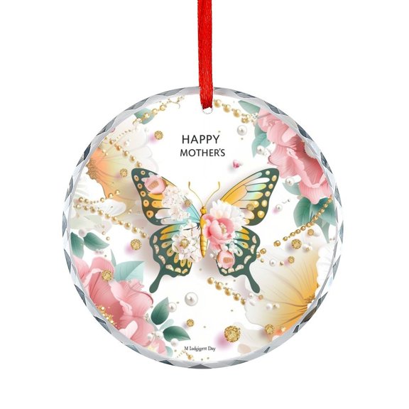 Happy Mother's Day with Flowers Butterfly Christmas Ornament Spring Flowers Round Ornament Holiday Home Decor