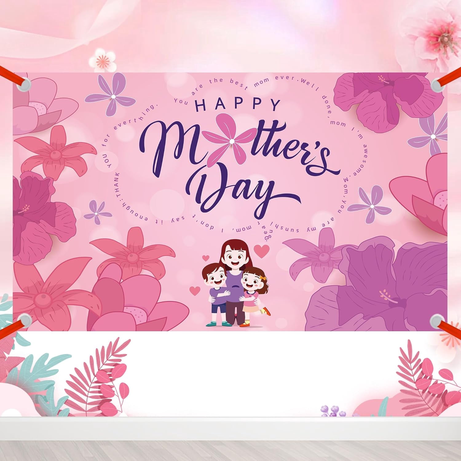 Best Mom Ever Banner – 72x44 Inch, Blue & White Tulip Design, Happy Mothers Day Backdrop, Party Decor, Water Resistant Fabric - View #5
