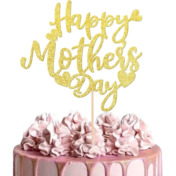 Happy Mothers Day Cake Topper, Gold Glitter Heart Cursive Script Cake Pick for Mother's Day Family Celebration Cake Decor, 1 Count