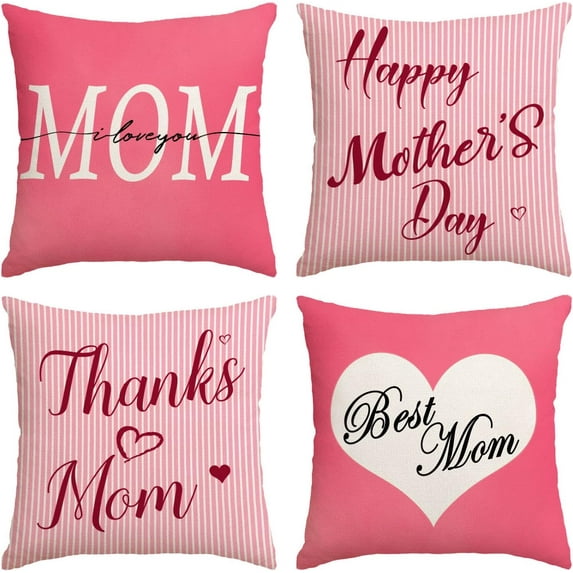 Happy Mothers Day Pillow Covers 18x18 Set of 4 Pink Throw Pillow Covers I Love Mom Cushion Covers Pillow Case Gift for Mother Grandma Birthday Home Outdoor Sofa Decoration (18 by 18)