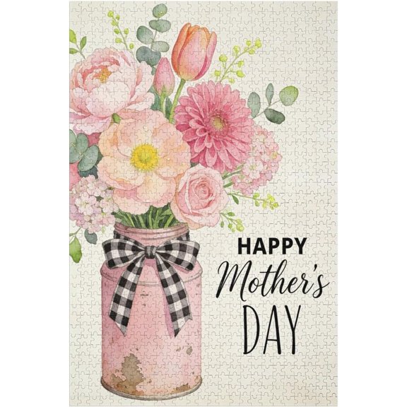 Happy Mothers Day Pink Floral Mason Jar 500 Piece Jigsaw Puzzle for Adults Rustic Spring Flower Arrangement, Popular Design