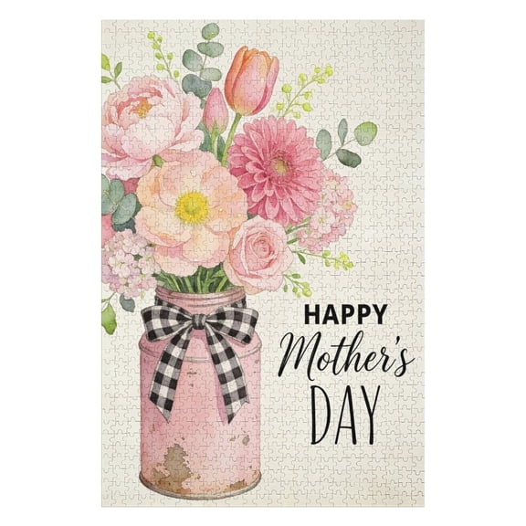 Happy Mothers Day Pink Floral Mason Jar 500 Piece Jigsaw Puzzle Rustic Spring Flower Arrangement in a Pink Mason Jar, A Charming and Popular Design for a Seasonal Display