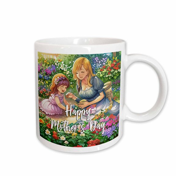3drose, Happy Mothers Day Text, a Mother and Daughter Play in the Garden Gift, 11oz Mug