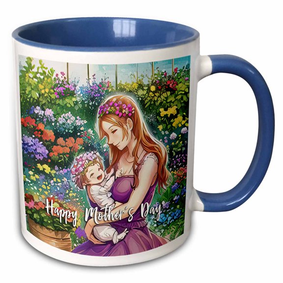 3drose, Happy Mothers Day Text, Mother with a Baby. Pink Flower Garlands, 15oz Two-tone Blue Mug