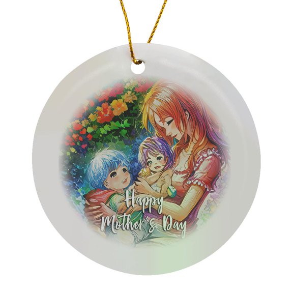 3drose, Happy Mothers Day Text, Mother with Two Babies in the Garden Gift, Circle Porcelain Ornament