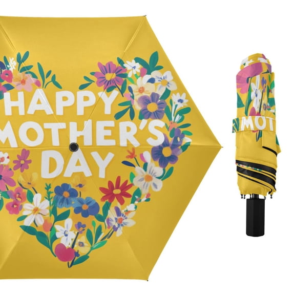 Happy Mothers Day with Heart Shaped Flowers All Weather Umbrella Triple Folding Parasol 6 Ribs UV Protection Portable