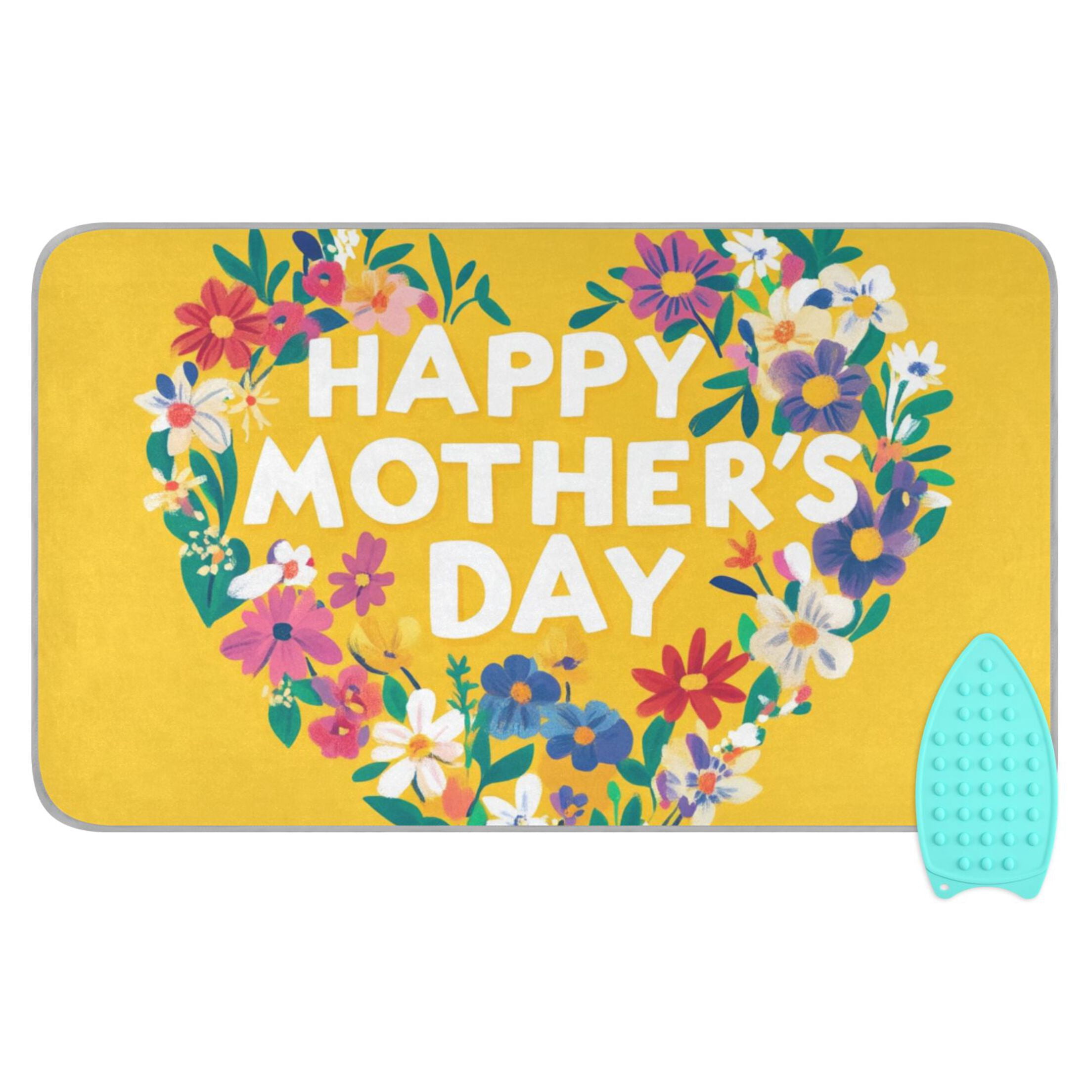 Happy Mothers Day with Heart Shaped Flowers Ironing Mat Blanket Portable Travel Ironing Pad Heat Resistant Pad 47.2" x 27.6”