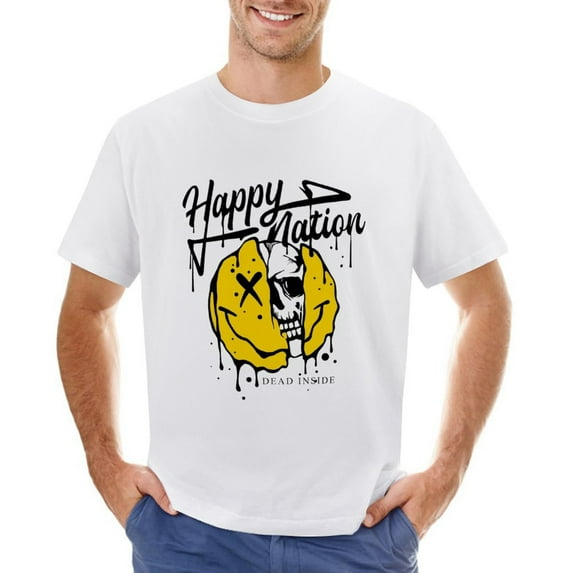 Happy Nation Slogan Men’s Graphic T-shirt Vintage Short Sleeve Sport Tee White M